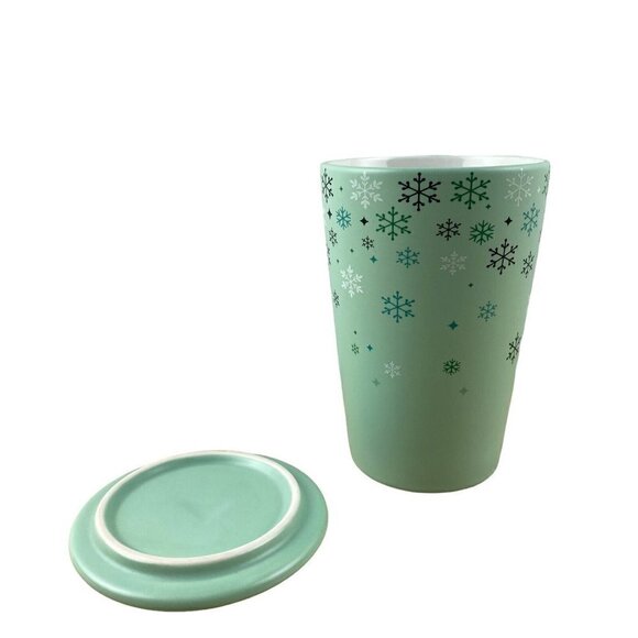 Davids Tea Mint Green Snowflake Moitif Winter Decor Tall Mug Cup Lid US 12 Oz - Picture 7 of 10